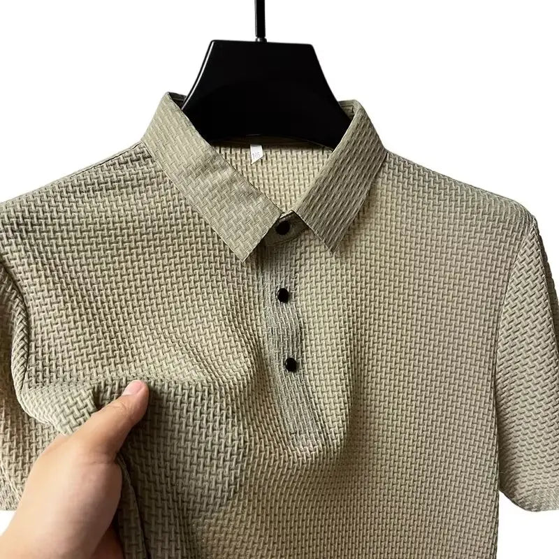 Summer New Men's Lop-up Hollow Short-sleeved Polo Tee Shirt Ice Silk Breathable Business Fashion T-Shirt Male Brand Clothes